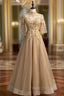 A-Line Champagne Tulle High Neck Backless Formal Prom Dress With Beading