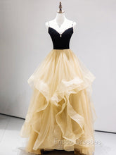 A-Line Champagne Tulle Long Formal Prom Dress, Velvet Graduation Dress with Beading