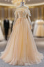 A-Line Champagne Tulle Long Sleeve Backless Formal Prom Dress