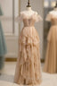 A-Line Champagne Tulle V-neck Pleats Formal Prom Dress