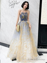 A-Line Color Block Sparkle Engagement Prom Dress Strapless Sleeveless Floor Length Sequined With Sequin
