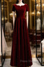 A-Line Dark Burgundy Velvet Short Sleeve Formal Prom Dress