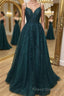 A Line Dark Green Tulle Lace Long Formal Prom Dresses, Dark Green Lace Formal Graduation Evening Dresses
