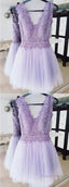 A-Line Deep V-Neck Backless Lilac Short Homecoming Dress With Lace