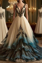 A-Line Deep V Neck Tulle Long Formal Prom Dress Embroidered Applique Evening Dress