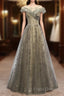 A-Line Formal Gown Elegant Dress Wedding Guest Engagement Floor Length Short Sleeve Illusion Neck Tulle With Pleats