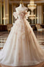 A-line Floral Champagne Tulle Long Formal Prom Dress, Elegant A-Line Formal Evening Dress