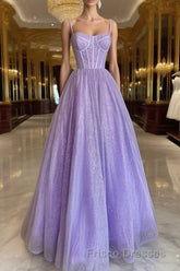 A Line Glitter Tulle Formal Prom Dress with Pockets