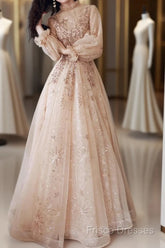 A-Line Glittering Elegant Engagement Formal Dress High Neck Long Sleeve Floor Length Tulle With Sequin