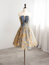 A-Line Gold/Blue Lace Short Prom Dress, Cute Homecoming Dress with Beading