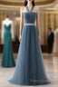 A-Line Gray Blue Tulle Long Bridesmaid Dress Floor-Length Beading Formal Prom Dress Elegant
