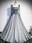 A Line Gray Long Formal Prom Dress, Tulle Gray Formal Graduation Dress with Beading