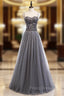 A-Line Gray Tulle Spagehtti Straps Sequins Formal Prom Dress