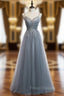 A-Line Gray Tulle Spaghetti Straps Sequins Formal Prom Dress