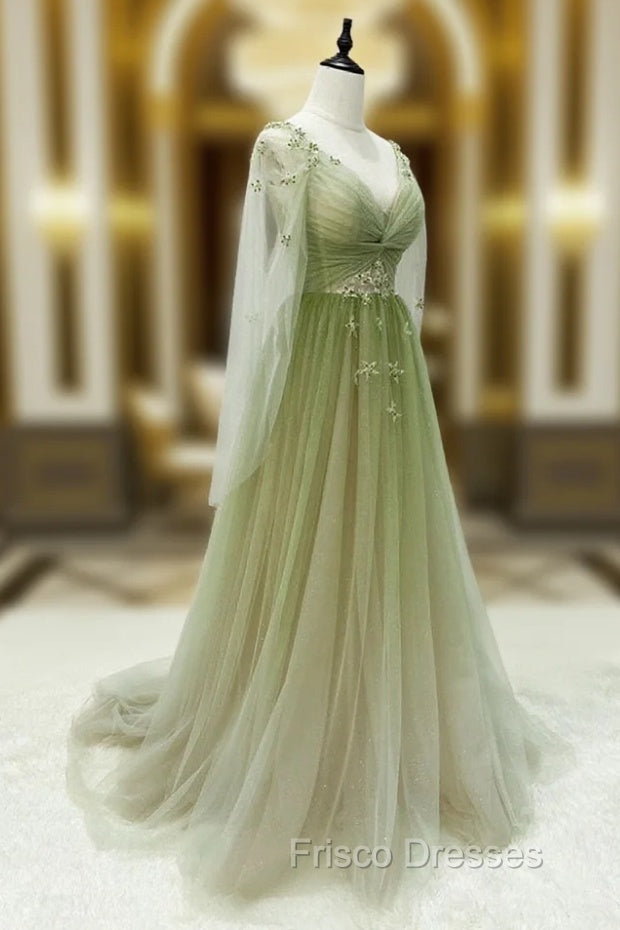 A-line Green Gradient Puffy Sleeves Tulle Long Party Dress, Green Long Frisco Dresses A-line Green Gradient Puffy Sleeves Tulle Long Party Dress, Green Long Frisco Dresses