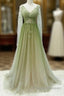 A-Line Green Gradient Tulle Long Sleeves Party Dress, V-Neckline Green Formal Dress Formal Prom Dress
