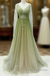 A-Line Green Gradient Tulle Long Sleeves Party Dress, V-Neckline Green Formal Dress Formal Prom Dress