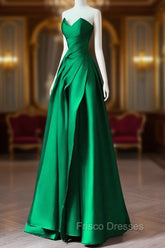 A-line Green Satin Lace-up Floor Length Party Dress, Green Satin Formal Prom Dress