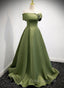 A-line Green Satin Off Shoulder Long Evening Dress, Green Floor Length Formal Prom Dress