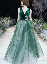 A-Line Green Tulle And Velvet Long Formal Dress, Green Tulle Party Dress Prom Dress