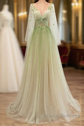 A-Line Green Tulle Gradient Long Party Dress, Green Floor Length Formal Dress