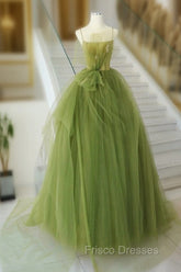 A-Line Green Tulle Long Formal Prom Dress, Green Tulle Long Evening Dress
