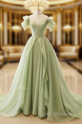 A-Line Green Tulle Long Formal Prom Dress, Green Tulle Long Formal Dress