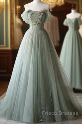 A-Line Green Tulle Long Formal Prom Dress, Green Formal Evening Dress