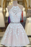 A Line Halter Neck Short Champagne Lace Formal Prom Dress, Short Champagne Lace Formal Homecoming Dress