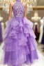 A-Line High Neck Light Purple Tulle Appliques Long Formal Prom Dress with Beading
