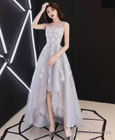 A Line Hight Low Lace Prom Dresses, Gray Tulle Homecoming Dresses
