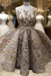 A-Line Jewel Sleeveless Short Formal Prom Dress With Lace Appliques