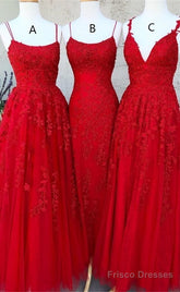 A Line Lace Red Prom Dresses Long Spaghetti Back Crossed