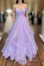A-Line Lavender Shiny Tulle Formal Prom Dress, Long Spaghetti Strap Evening Dress