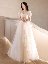 A-Line Light Champagne Tulle Lace Long Prom Dress, Light Champagne Long Evening Dress