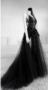 A Line Long Black Tulle Lace Prom Dress