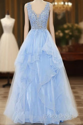 A-Line Long Layers Lace Formal Prom Dress Light Blue Beaded Appliques