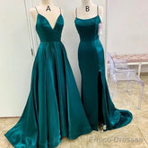 A Line Long Satin Emerald Green Prom Dresses With Split