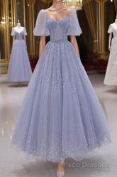 A-Line Long sleeves Beading Gray Blue Long Formal Prom Dresses, Gray Blue Formal Dresses