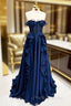 A Line Navy Blue Corset Ruffle Maxi Formal Prom Dress