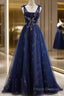 A-Line Navy Blue Tulle Beaded V-Neckline Party Dress, Navy Blue Shiny Tulle Formal Prom Dress