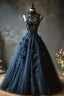 A Line Navy Blue Tulle High Neck Long Prom Dresses Charming Evening Dress