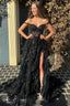A Line Off Shoulder Black Lace Long Prom Dress With High Slit