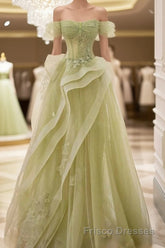 A-Line Off Shoulder Green Lace Long Formal Prom Dresses, Green Formal Dresses