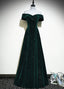 A-Line Off Shoulder Green Velvet Simple Party Dress, Green Prom Dress Formal Dress
