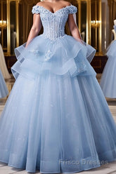 A-Line Off Shoulder Lace Tulle Blue Long Formal Prom Dresses, Blue Sweet 16 Dresses