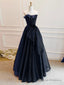 A-Line Off Shoulder Organza Dark Blue Long Prom Dress, Dark Blue Long Formal Dress
