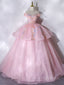A-Line Off Shoulder Organza Lace Pink Long Formal Prom Dress. Pink Sweet 16 Dress