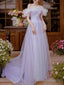 A-Line Off Shoulder Purple Tulle Long Prom Dress, Purple Formal Evening Dress