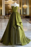 A-Line Off Shoulder Satin Green Long Formal Prom Dress, Green Formal Dress